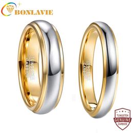 BONLAVIE 6mm 4mm Width Domed Polished Step Gold Color Plating Tungsten Steel Ring Wedding Band Comfort Fit Tungsten Carbide Ring 240125