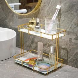 Storage Boxes Shelf Stand Bathroom Decorative Tray Glass Metal Rack Cosmetic Marble Shelves Organizer 2-layer Display