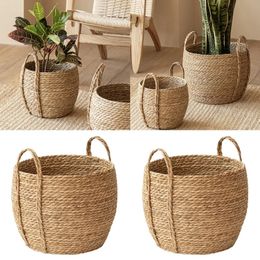 Straw Planter Basket with Handle Indoor and Outdoor Plant Flower Pots Cover Gift 240131