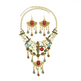 Necklace Earrings Set Vintage Gypsy Afghanistan India For Women Big Acrylic Gem Pendant Sweater Chain Dangle