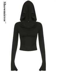 flare sleeve Hooded Crop Top tshirt Elastic Long Sleeve tee shirt Women Black Casual Tshirt Casual Collar Hoodies Pullover 240124