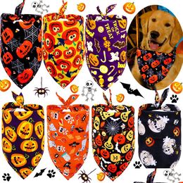 Dog Apparel Puppy Triangle Saliva Scarf Skeleton Pumpkin Printed Bandana Dogs Neckerchief Halloween Pet Supplies W-00994 Drop Delive Dh37R