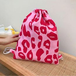 School Bags Large Capacity Portable Soft Multifunction Fashion Travel Shopping Handbag Women's Drawstring Backpack Leopard Print Fabric Bag