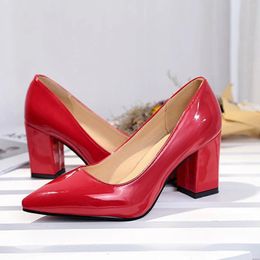 Dress Shoes Women'S High Heels Red Thick Heeled Pointed Glossy Patent Leather Sandals Simple Pumps For Women In The Workplace