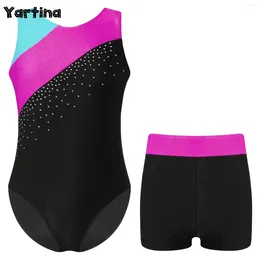 Stage Wear Kids Girls Shiny Rhinestone Gymnatics Leotards Ballet Dance Bodysuit With Shorts Set Jersey Unitard Dancewear