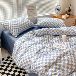 Blue Plaid Nordic Duvet Cover 220x240 Pillowcase Bed Sheet 3pcs/4pcs Bedding Sets Checkerboard Bedclothes 200x230 Quilt 240202