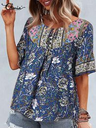 Women's Blouses Summer Bohemian Floral Printed Shirt Celmia 2024 Fashion O-neck Blouse Holiday Short Sleeve Tops Leisure Stitching Buttons