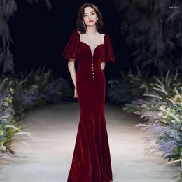Ethnic Clothing Women Burgundy Long Fishtail Skirt Evening Dress Banquet 2024 Tassel Temperament Autumn And Winter