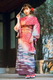 Ethnic Clothing Japanese Kimono With Long Flat Shaped Belt Women Vintage Robe Literary Retro Classic Stage Performance Costume