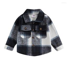 Jackets Kid Boy Autumn Plaid Print Flannel Coat Long Sleeve Lapel Button Closure Casual Outwear With Pockets