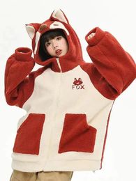 Kawaii Zipper Sweater for Women Winter Style Imitation Lamb Fleece Coat Cute Little Fox Hooded Casual Sports Sweatshirts 240202