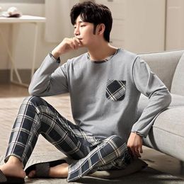 Men's Sleepwear Autumn Winter Full Pure Cotton Pyjama Sets Long Sleeve Plaid Pants Pyjamas Male Casual Fashion Elastic Waist Pijama Hombre