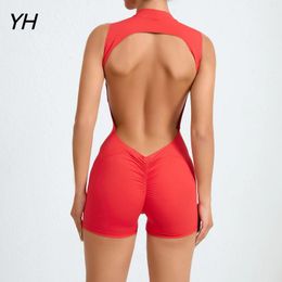 Active Sets 2024 Pad Sleeveless Vest Exercise Crop Yoga Set One Piece Jumpsuit Women Sport Gym Workout Fitness Scrunch Shorts Rompers