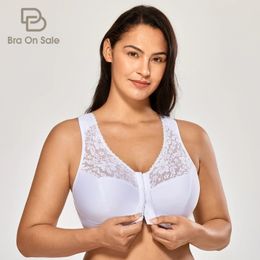 Womens Full Coverage Wire Free Floral Lace Plus Size Front Closure Bra Cotton Racerback White Black Beige Underwear DD E F G H 240201