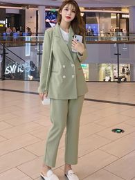 Women's Two Piece Pants Insozkdg Light Green Women Pant Suits Notched Collar Double Breasted Jacket & Straight Ladies 2 Pieces Full Blazer