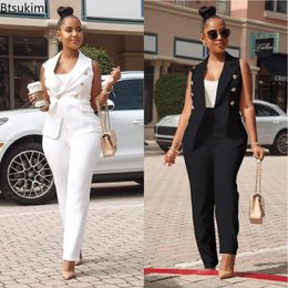 Women's Summer Twopiece Sets Office Wear Elegant OL Style Vest Tops and Pants Suit Vest Jacket Trousers Sets Women Blazer 240118