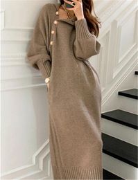 Casual Dresses Sweaters Winter Long Sweater Dress Turtleneck Buttons Women Knitted Elegant Full Sleeve Lace-up Female Thicken 2024