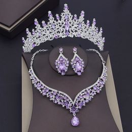 Luxury Purple Crystal Sets Bridal Jewellery for Women Crown Earring Necklace Wedding Tiaras Bride Dubai 240202