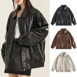 Women Faux Leather Jacket Long Sleeves Turndown Collar Zipper Pocket Vintage American Style Ladies Coat Outwear 240125