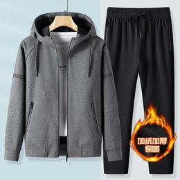 Thicker Fleece JacketPants 2 Pieces Men Winter Tracksuit Sets Black Red Gray Hoodies Casual Hooded Warm SweatshirtsPants 240131