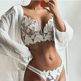 French Lingerie Sexy Women Underwear Set Push Up Bra Lace Transparent Panty Sets Wedding White Thin 240127