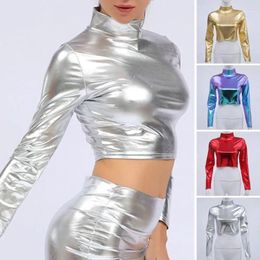 Women's Blouses Women Top Sexy Faux Leather Half-high Collar Crop For Glossy Waist-exposed Long Sleeve Pullover Nightclub Party