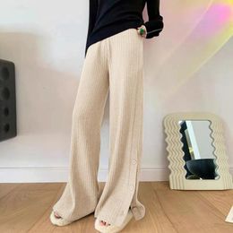 Women's Pants Elegant High Waist Micro Flare Knitting Buttoned Split Pleated Wide Leg Loose Boot Cut Autumn 2024