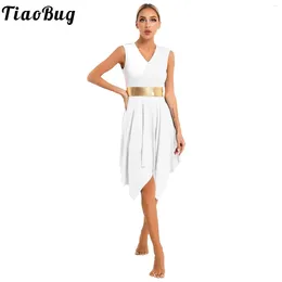 Stage Wear Womens Sleeveless V-Neck Metallic Color Block Lyrical Modren Dance Dress Ballrom Dancewear Liturgical Praise Worship Costume