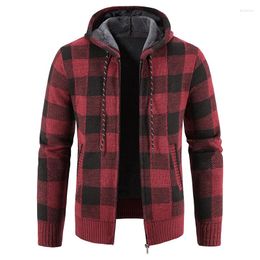 Men's Sweaters Red Grid Men Sweater Autumn Winter Thick Hooded Warm Mens Knitting Pullovers Knitted Jumper Slim Fit Casual