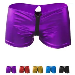 Underpants Sexy Men Underwear Faux Leather Boxers Double Slider Zipper Panties Black Red Purple Gold Blue Colors ZJH183P