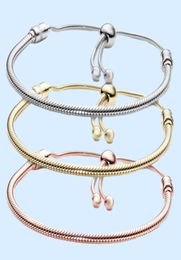 Silver Plated Bracelets 3MM Chain Adjustable Fit p charms Gold Rose Bangle Bracelet Women Female Christmas Party Birthday Gift BR0203060911