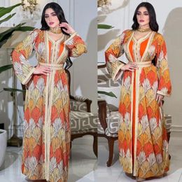 Ethnic Clothing Elegant Leaf Printed Belted Dress Moroccan Jalabiya Luxury Diamonds Two-piece Long Dresses Abayas For Women Muslim Sets