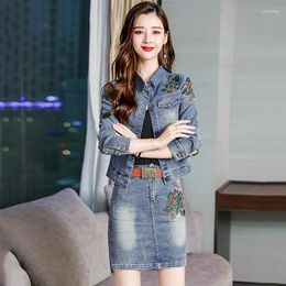 Work Dresses Denim Jacket And Skirt Suit For Women Female 2-Piece Loose Embroidery Fashion Spring Summer 2024