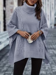 Plus Size Casual Sweater Womens Solid Cable Bat Sleeve Turtle Neck High Stretch JumperAutumn Winter Tops 240202