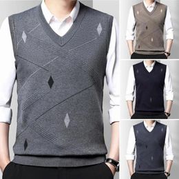 Men's Vests Men Fall Winter Vest Geometric Print V Neck Sleeveless Loose Knitted Thick Warm Soft Mid Length Applique Pullover Spring Swe