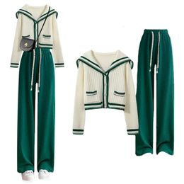 Sailor Collar Two Piece Set for Women Knitted Cardigan Pant Sets Long Sleeve Korean Outfit Tracksuit Knit Autumn Suit 240123