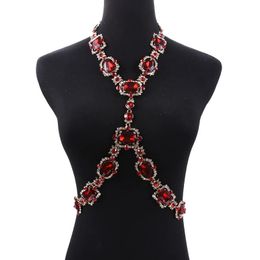 Luxury Sexy Bodychain Jewelry Accessory Ruby Red Crystal Rhinestone Bra Harness Corset Necklace Waist Body Chain for Women Men 240127