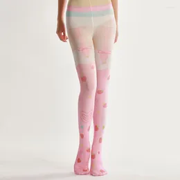 Women Socks Lolita Fashion Printed Silk Stockings Strawberry Pink Bow Female Pantyhose Tights