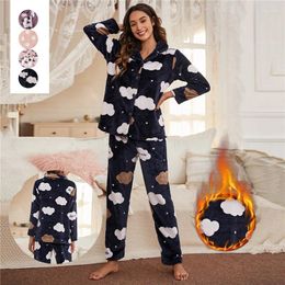 Women's Sleepwear DIHOPE Winter Pyjamas Set Women Sleep Shirt Pant Autumn Warm Flannel Nightgown Female Cartoon Printed Pijamas