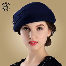 FS French Berets Caps For Women Fashion 100 Wool Felt Fedora Hat Winter Blue Purple Red Church Female Fleece Cloche Hats 240126