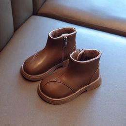 Boots Winter Children's Fashion Korean Style Kids Solid Colour Ankle Causal Versatile Black Brown Leather Girl Cotton