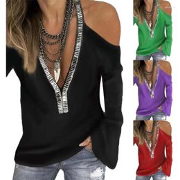 Women's T Shirts Sexy Sequins V Neck Cold Shoulder Long Sleeve Women Solid Colour Top Plus Size Decor Womens