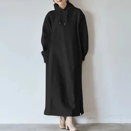 Casual Dresses Women'S Autumn/Winter Super Long Hoodie Solid Colour Sleeve Backing Sweatshirt Black Straight Tube Loose Fitting Dress