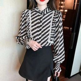 Women's Blouses Spring And Autumn Fashion Standing Neck Retro Lingge Chiffon Long Sleeved Shirt Loose Versatile Western Style Top