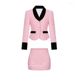 Two Piece Dress Tesco Women Pink Skirt Sets Woollen Patchwork Blazer High Waist Short For Fall Winter Office Lady Elegant Female Suit Set