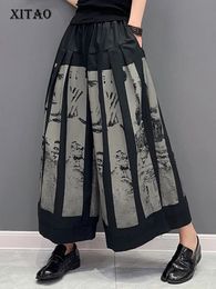 XITAO Print Wide Leg Pants Woman Korea Spring Arrival Personality Fashion Loose Elastic Waist Full Match ZY8381 240123