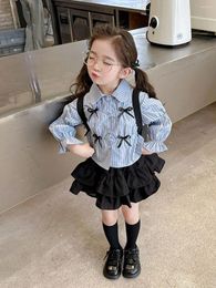 Clothing Sets Girl's Princess 2pc Set 2024 Summer Bow Applique Blue Single Breasted Striped Shirt Black Elastic Waist Mini Cake Skirt
