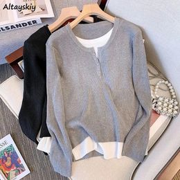 Patchwork Baggy Cardigans Women Ulzzang Cozy Fake 2 Pcs Chic Unisex Students All-match S-4XL Harajuku O-neck Knitwear Designed 240202