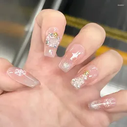 False Nails Snowflake Press On Long Ballerina Fake Christmas Tree Designs Full Cover Glitter Star Nude Color 24Pcs