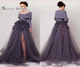 2020 Off Shoulder S Arabic Long Sleeves the Middle East Prom Dress A Line Appliques Formal Party Wear Evening Gowns High Split9798115